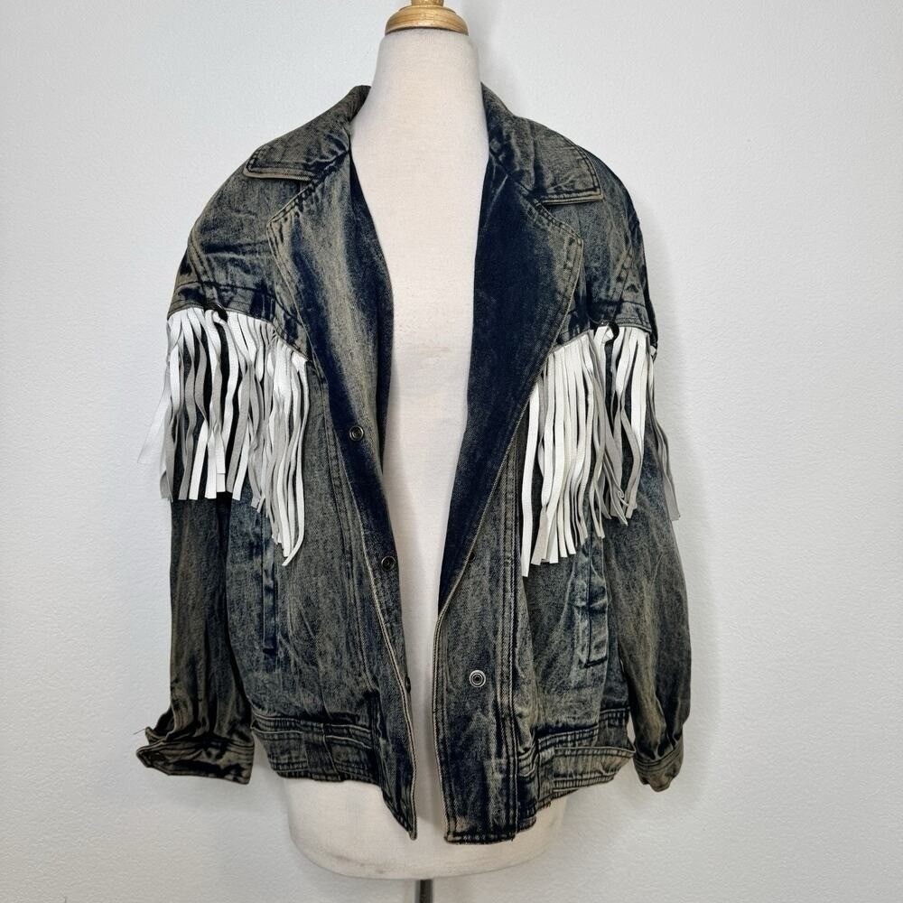 Vintage Rock Creek Womens Denim Jacket 18W Acid Wash Fringe Western Oversized